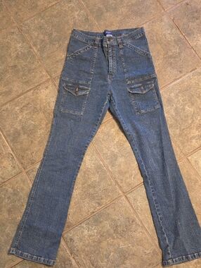 Indulgence Dark Blue High-Rise Flare Cargo Jeans with Button Flap Pockets